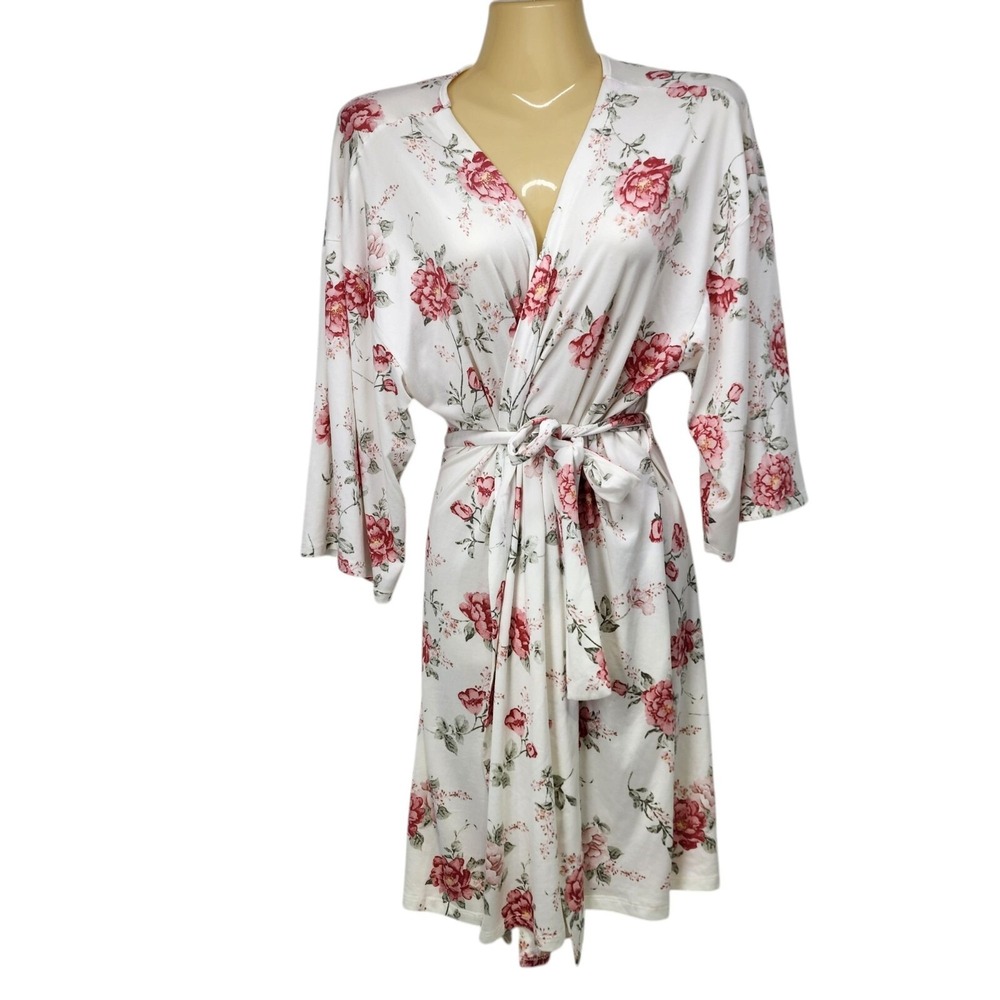 Flora by Flora Nikrooz‎ Robe Womens Large White Pink Floral Kimono Short Wrap